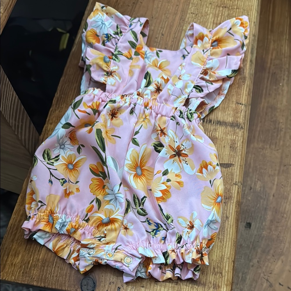 Pink and Yellow Floral Jumpsuit with Ruffled Sleeves